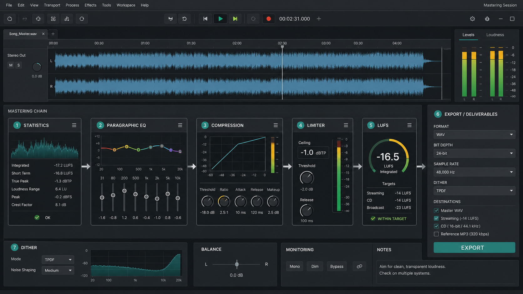 Sound Forge Pro mastering chain with EQ, compression, limiting, LUFS, dither, and export steps