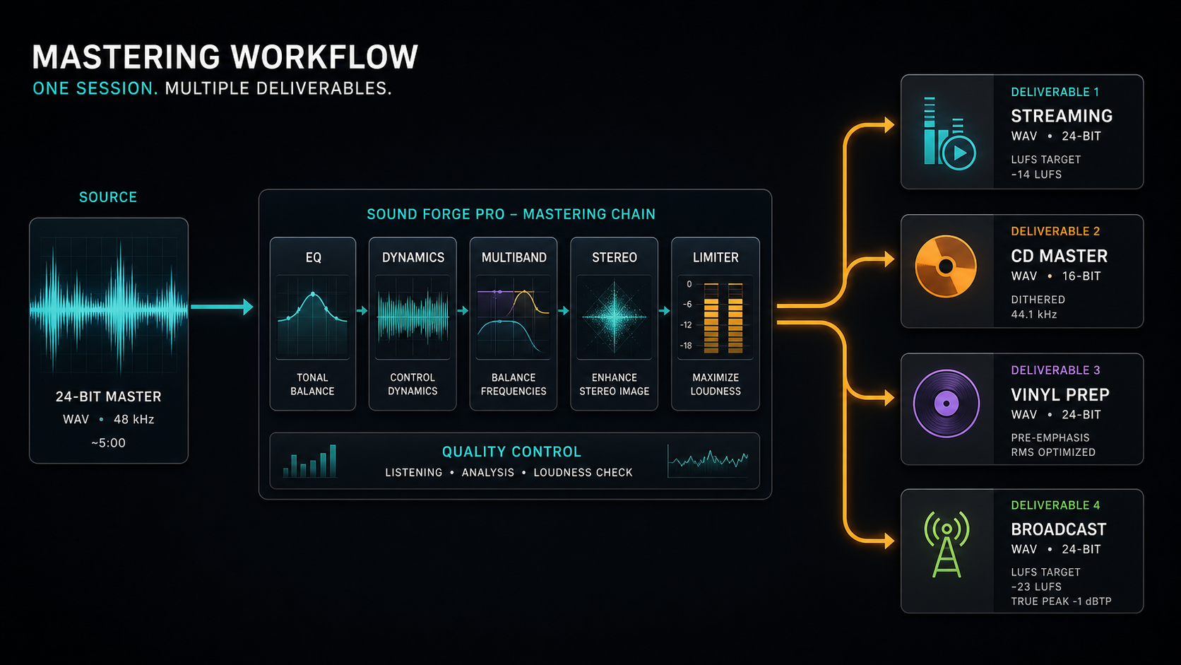 Sound Forge Pro mastering deliverables for streaming, CD, vinyl, and broadcast