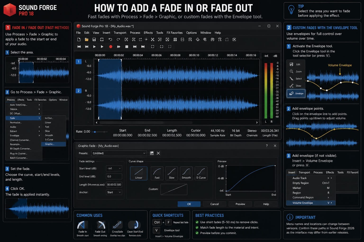Sound Forge 2026: add a Fade In or Fade Out