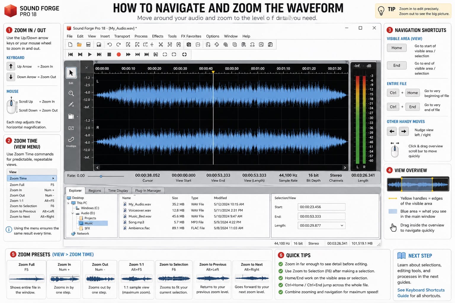 Sound Forge 2026: navigate and Zoom the Waveform