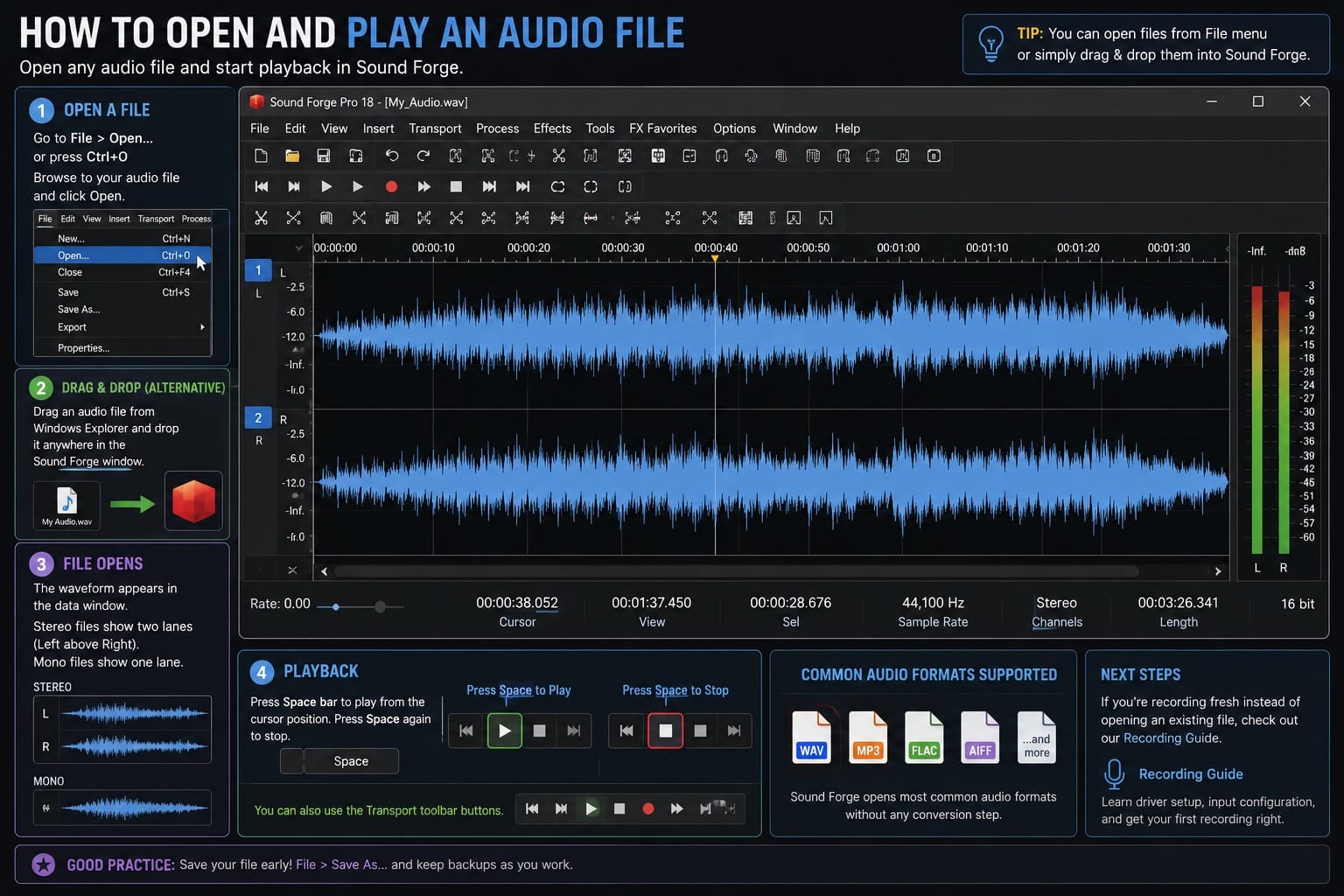 Sound Forge 2026: open and Play an Audio File