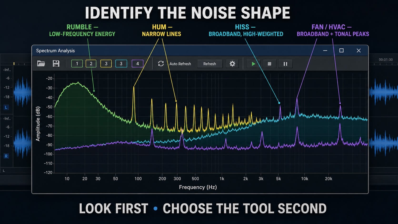 Sound Forge 2026: identifying tonal hum, broadband hiss and low-frequency rumble
