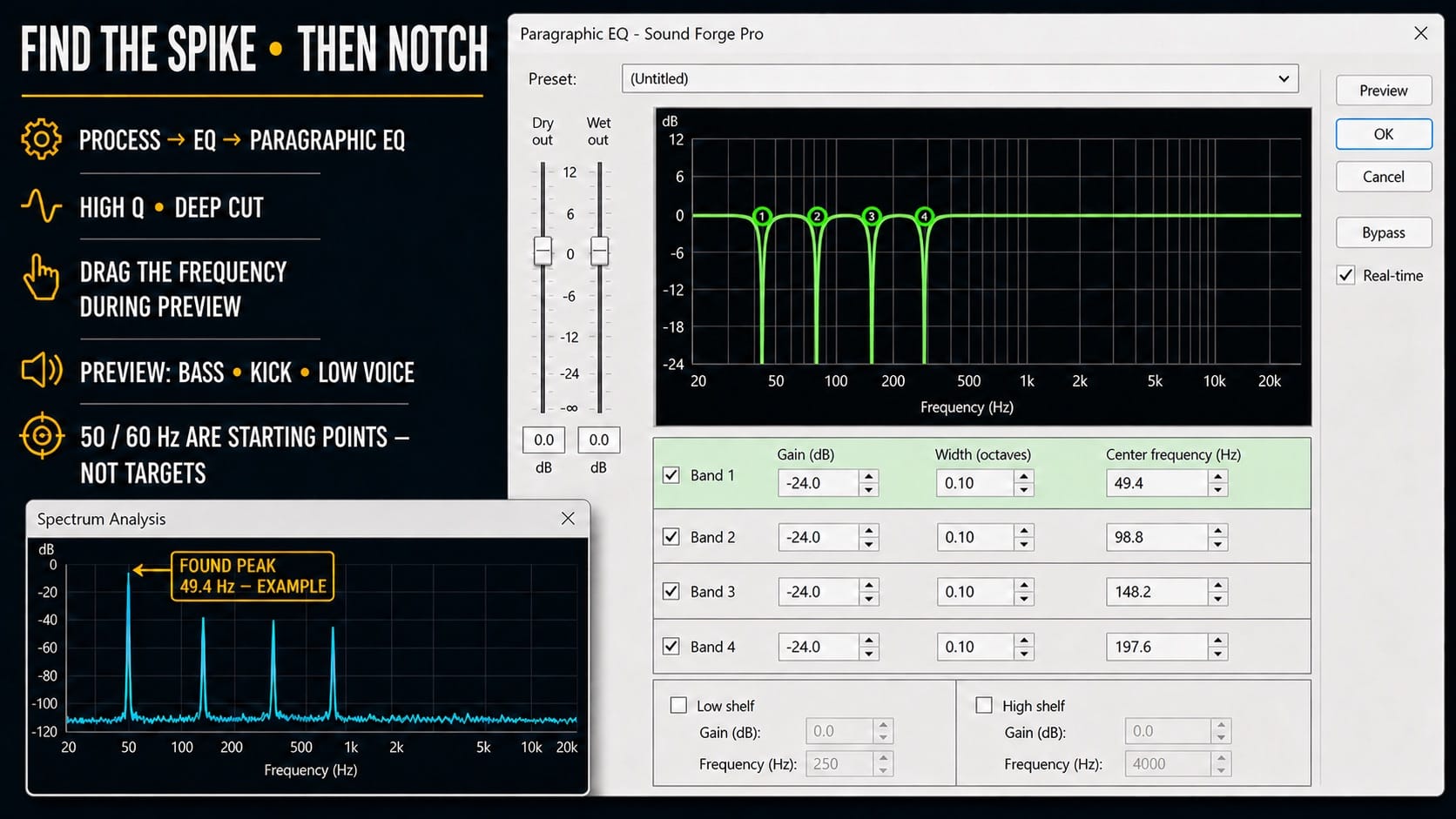 Sound Forge 2026: notching out 50 Hz and 60 Hz hum