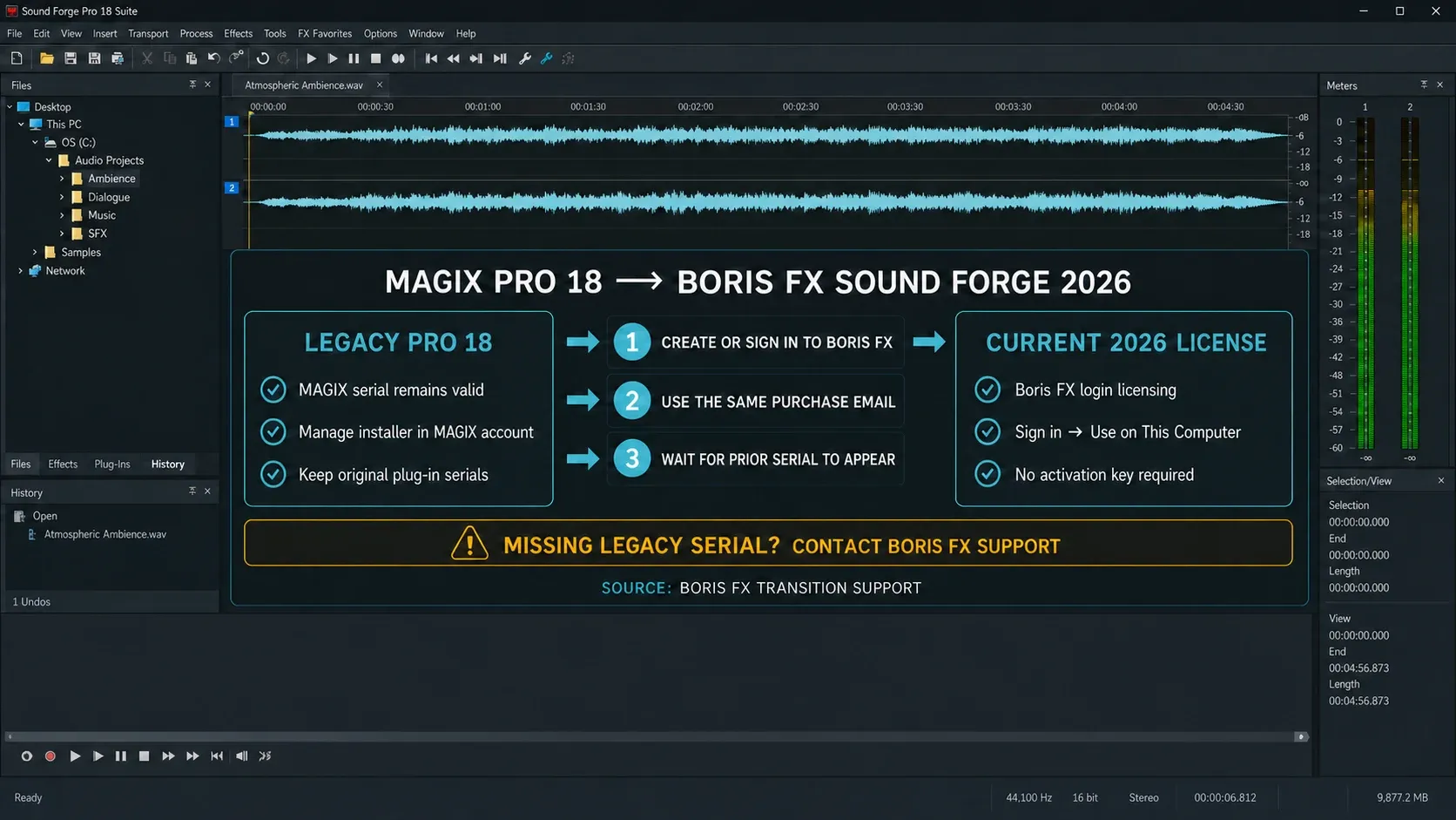 MAGIX Pro 18 to Boris FX Sound Forge 2026 licensing migration workflow
