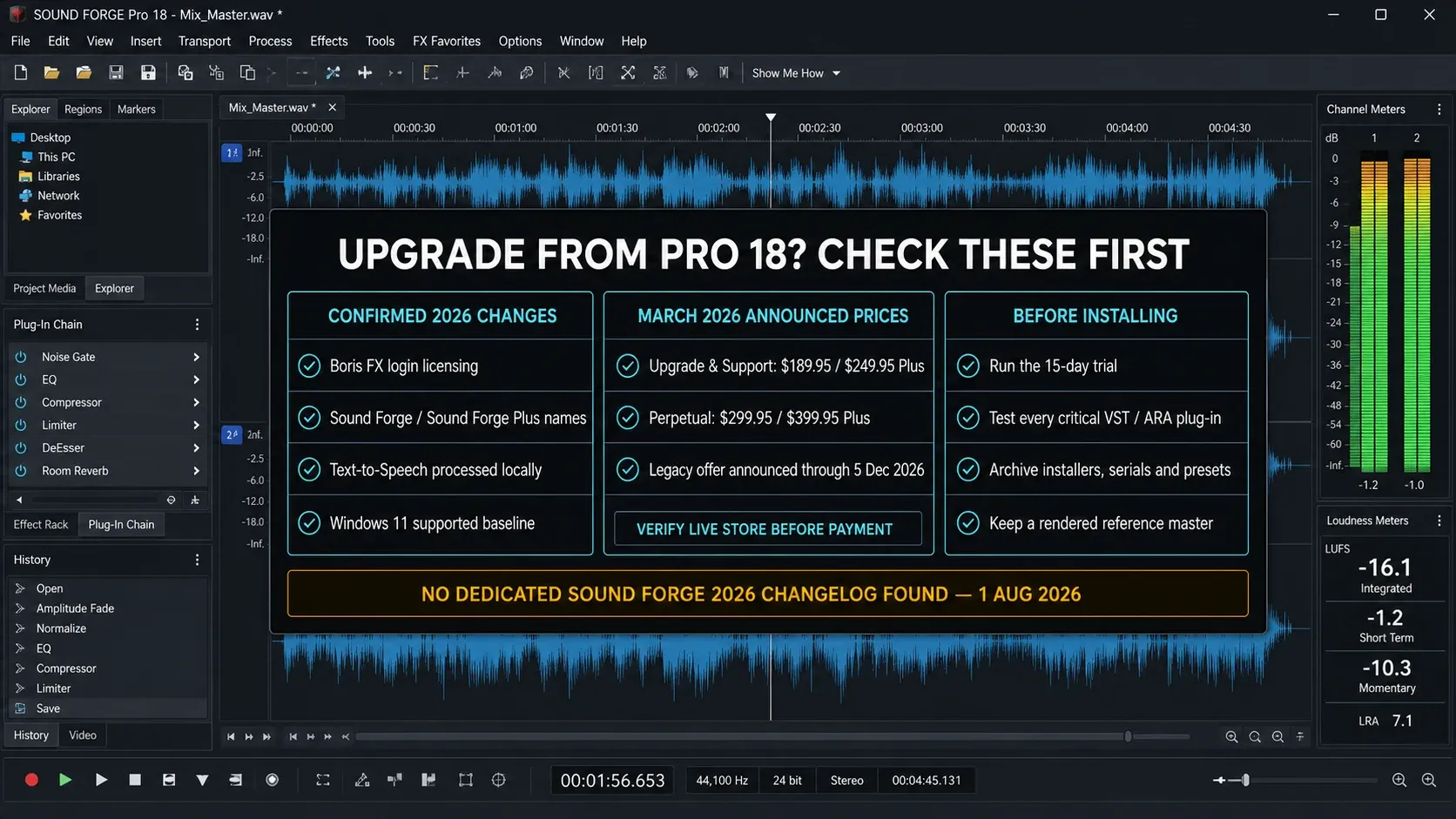 Sound Forge Pro 18 upgrade checklist with 2026 licensing, pricing and compatibility checks