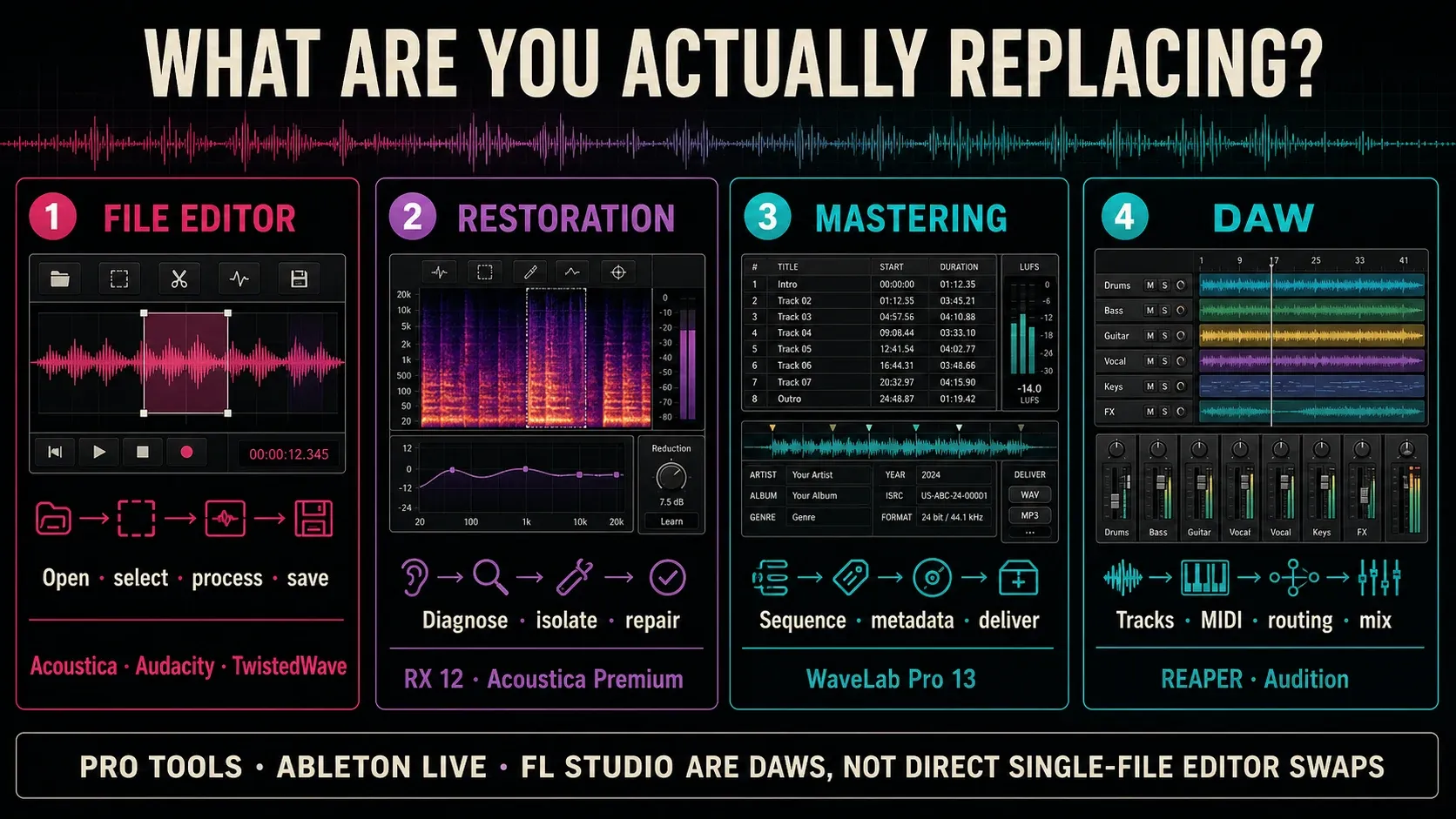 File editor, restoration, mastering and DAW workflows separated into four replacement categories