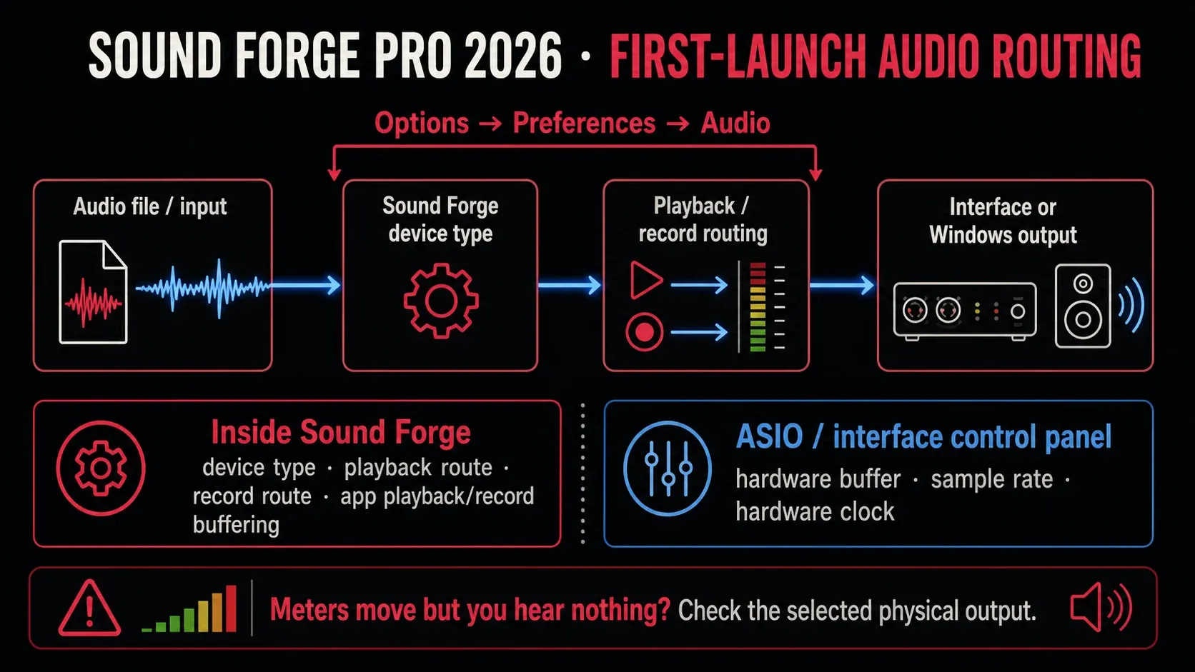 Sound Forge audio routing from device type and ports to the Windows or interface output