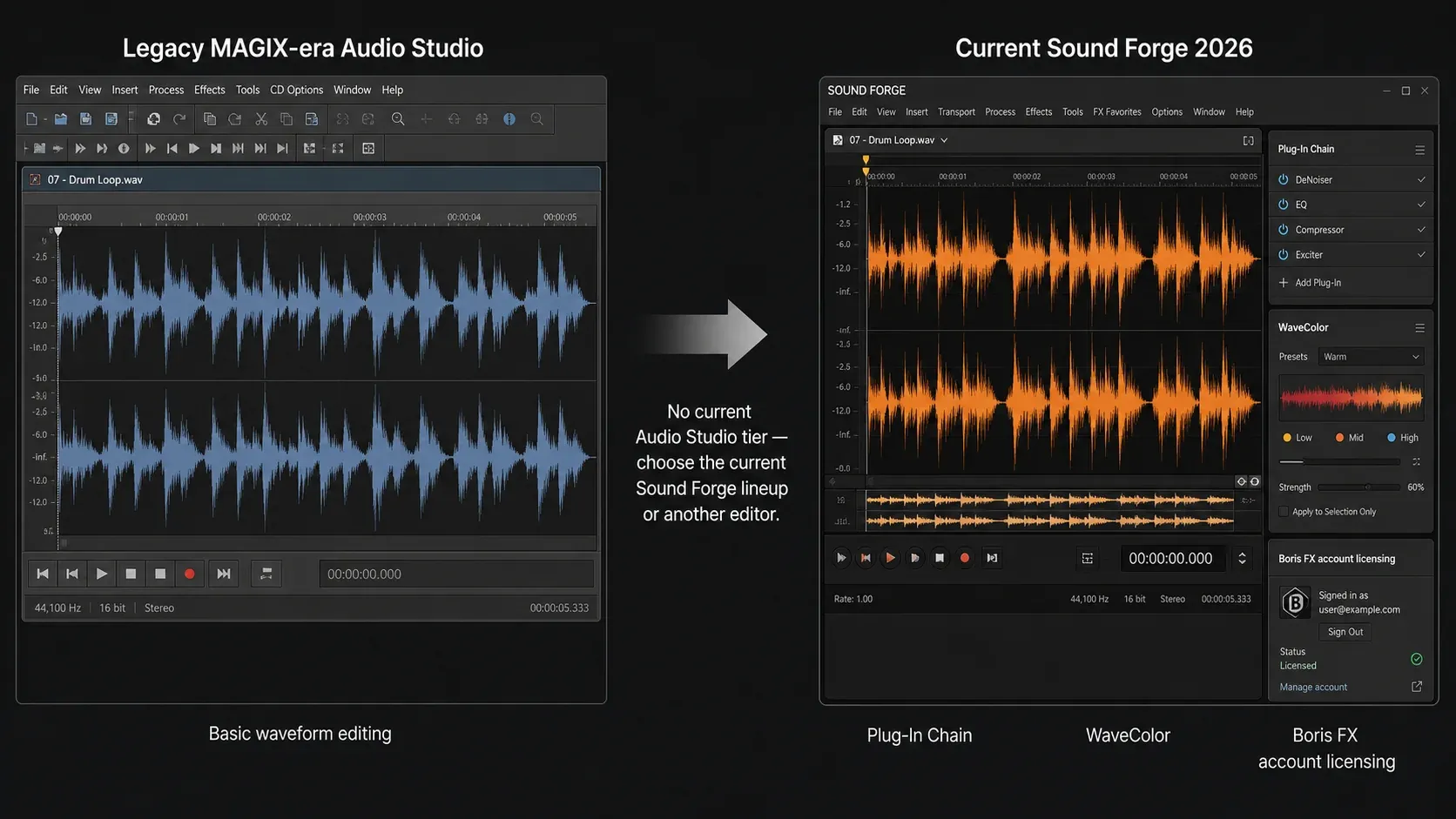 MAGIX-era Audio Studio 17 next to the current Boris FX release of Sound Forge