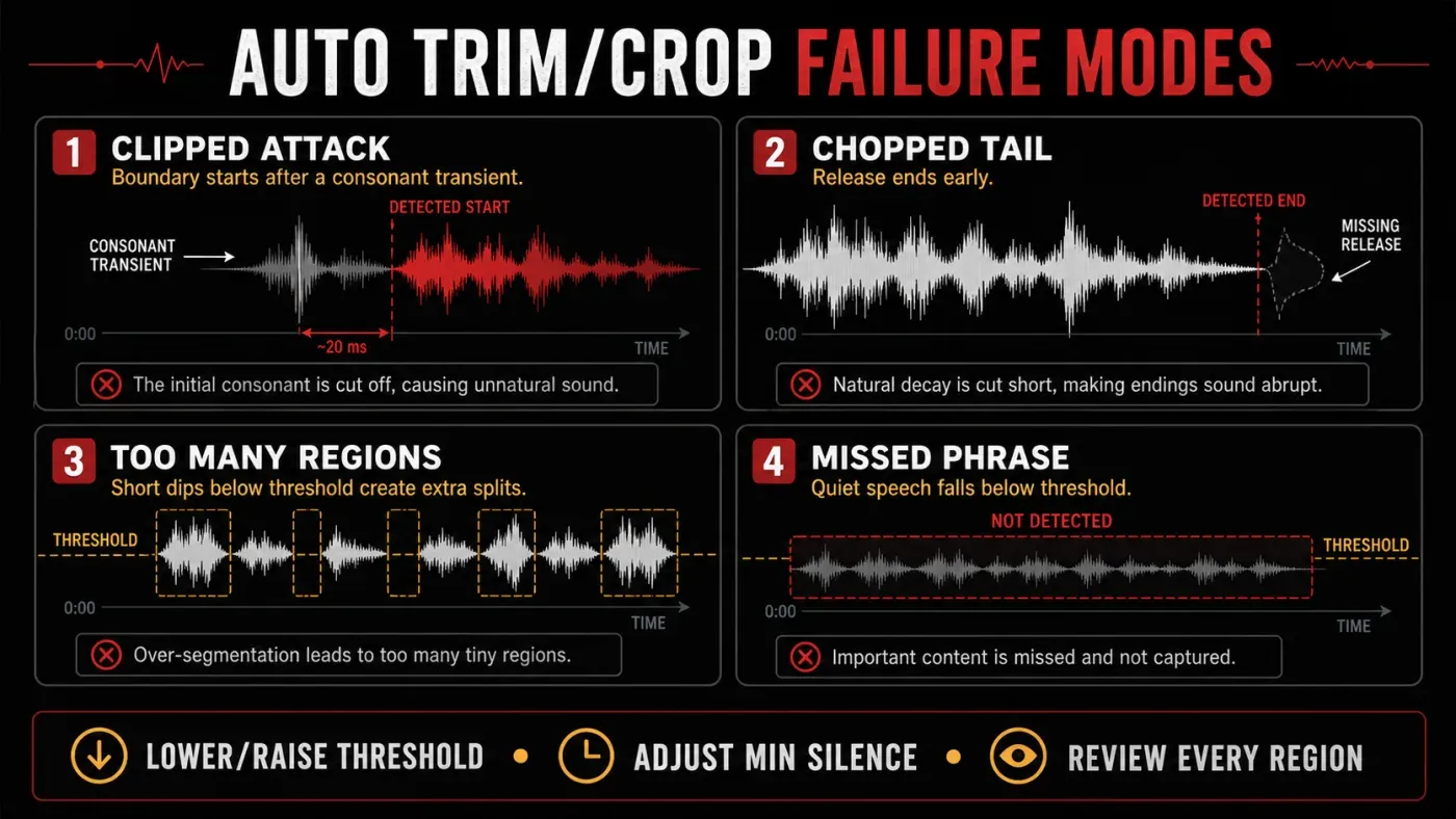 Auto Trim Crop clipped attack chopped tail extra regions and missed phrase failures