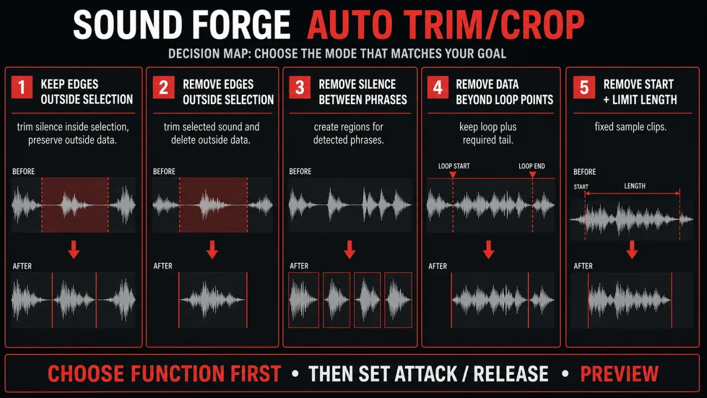 Five Sound Forge Auto Trim Crop functions and their waveform results