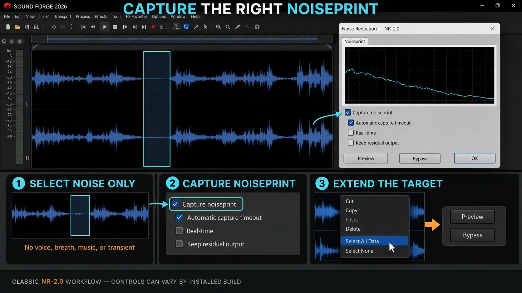 A noise-only passage selected in Sound Forge and captured as an NR-2.0 noiseprint