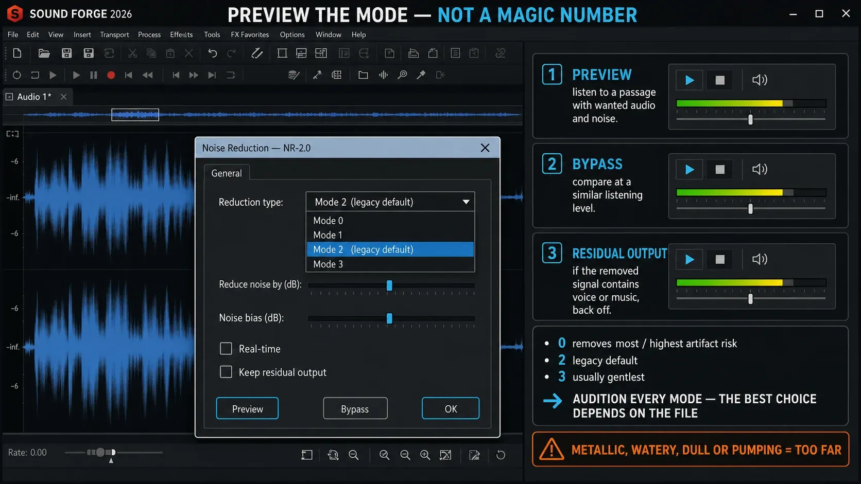 NR-2.0 settings auditioned in Sound Forge through Preview, Bypass and the residual signal