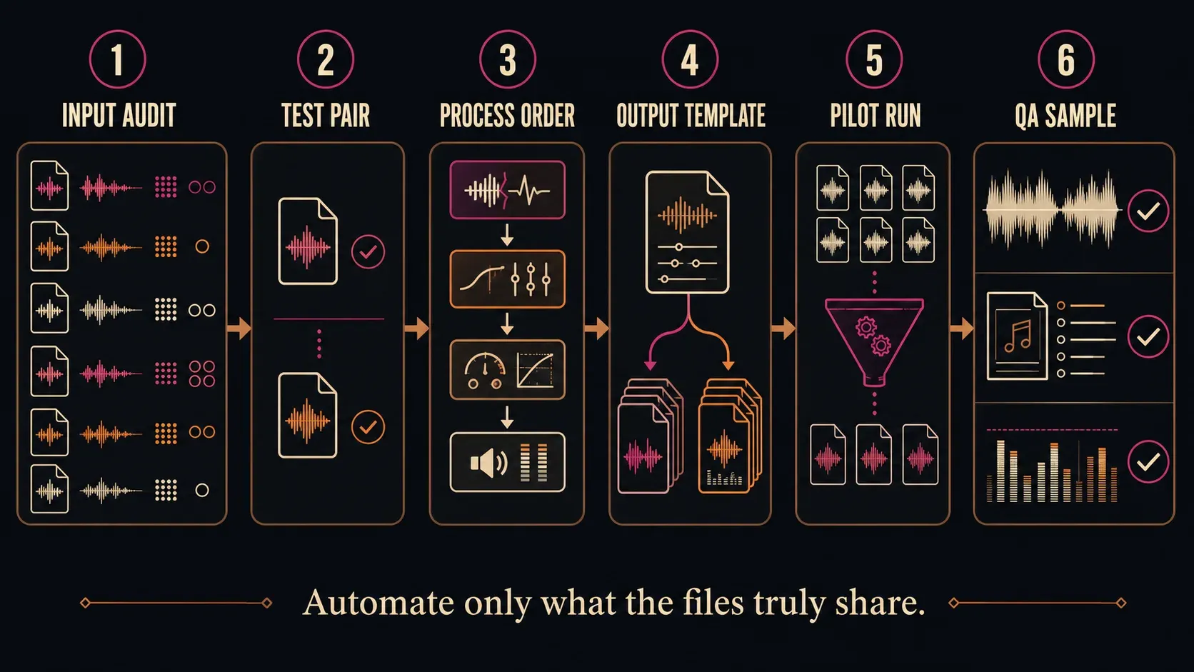 Six-step batch audio workflow covering input audit, test files, processing order, output template, pilot run and QA sampling