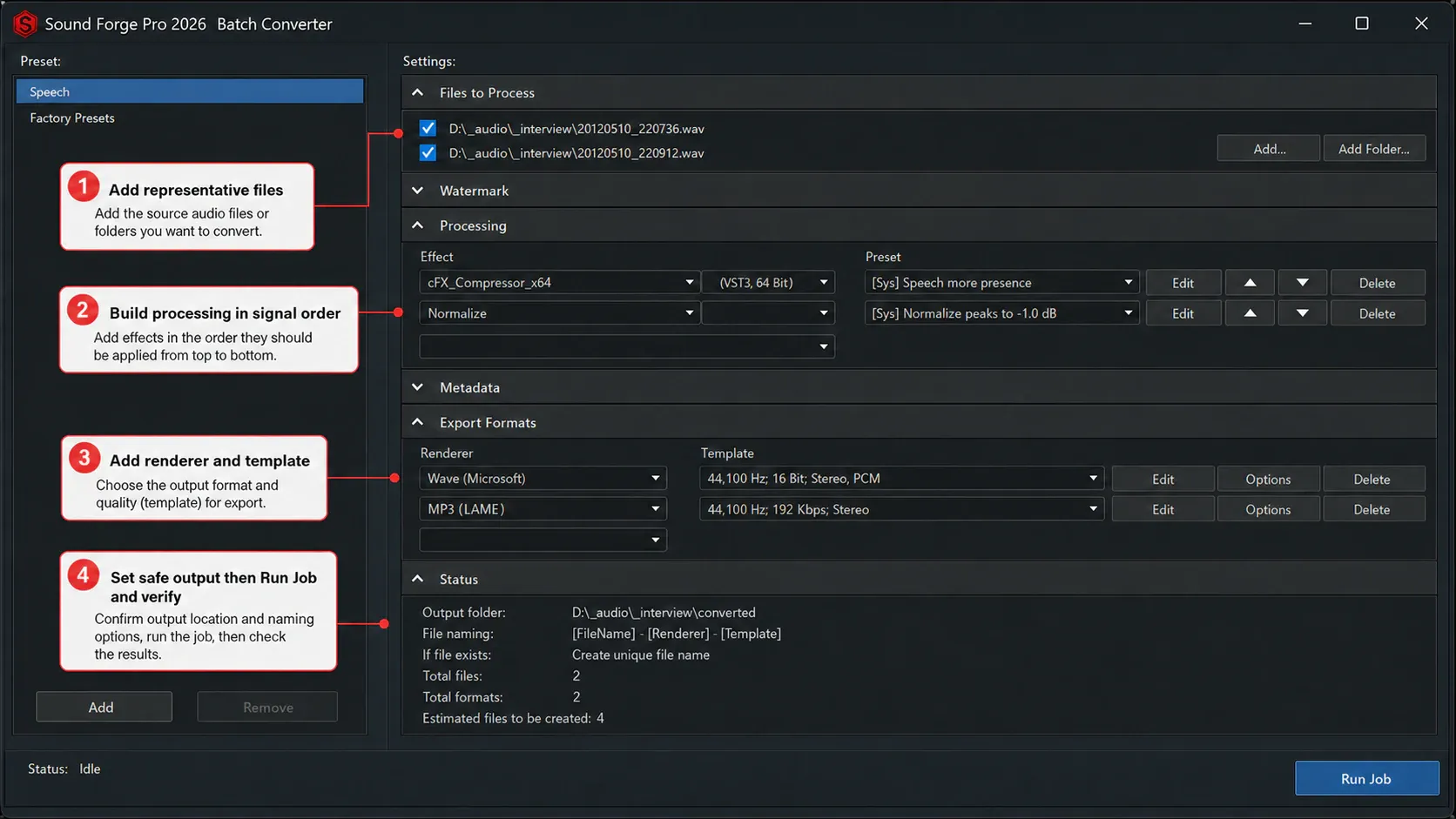 Sound Forge 2026 Batch Converter with files processing order export formats output settings and Run Job
