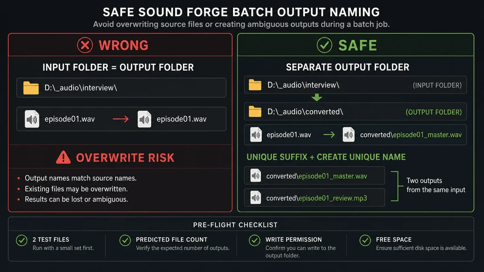 Safe batch output folder and filename rules that prevent source overwrites