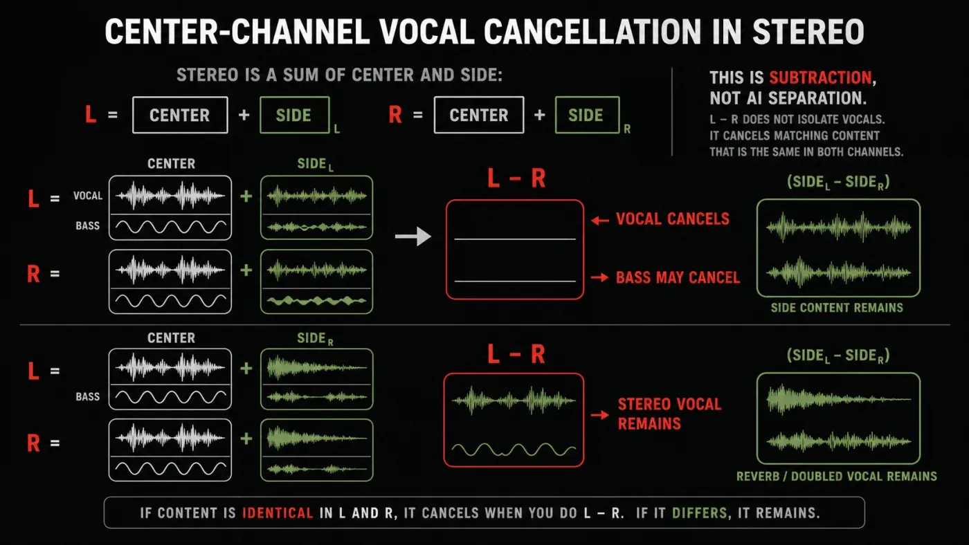 Stereo center cancellation subtracting matching vocals bass and other centered content