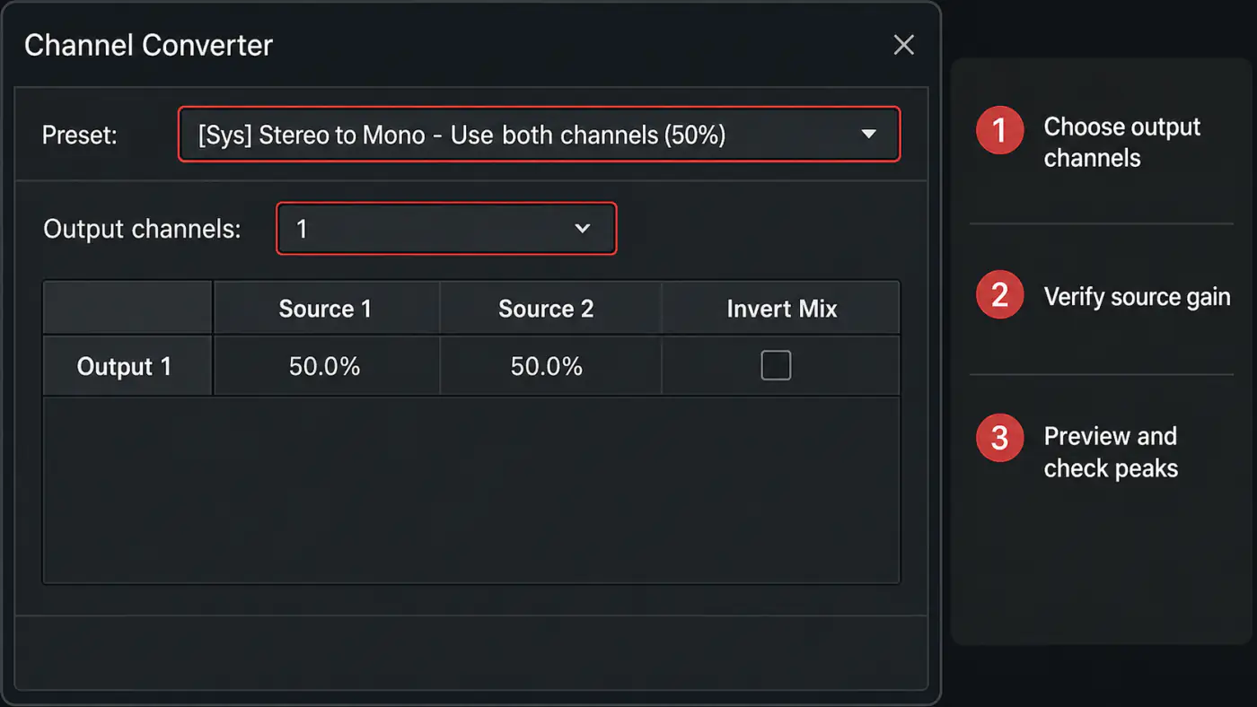 Sound Forge Channel Converter stereo-to-mono routing matrix