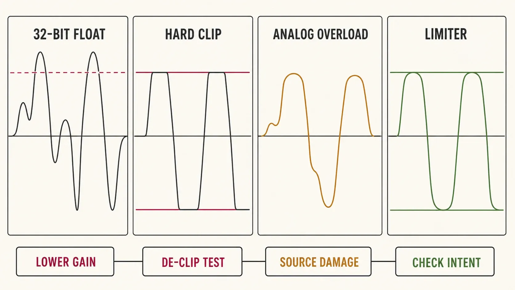 Waveform differences between 32-bit float headroom, hard clipping, analog overload and limiting