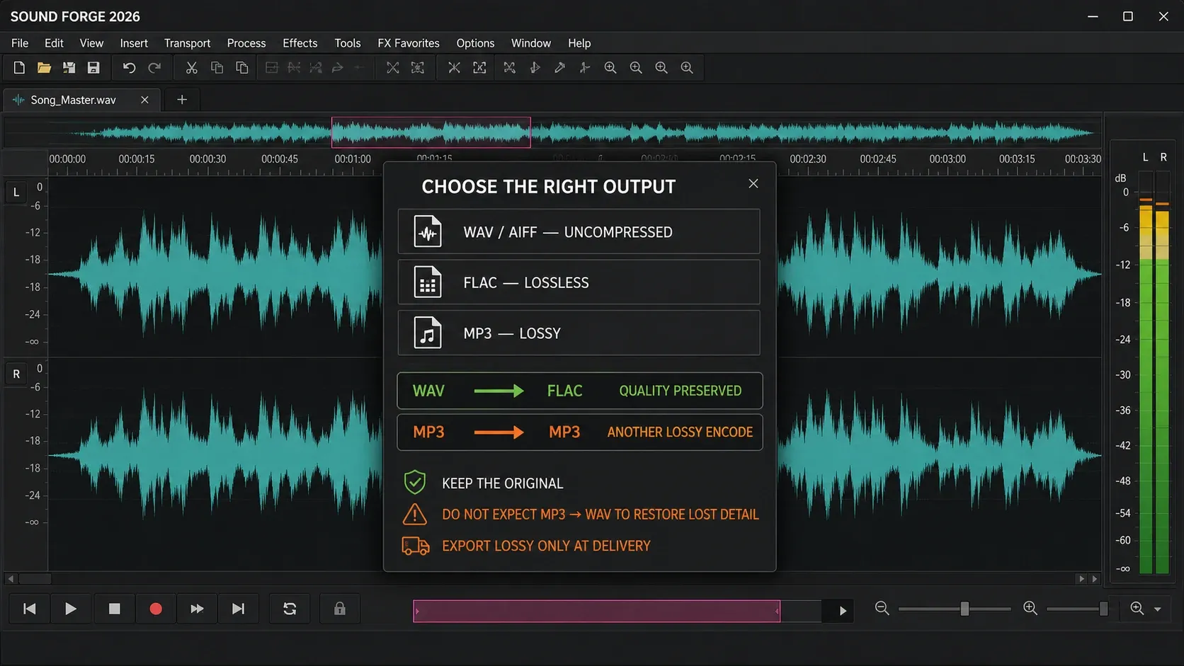 Sound Forge conversion guide comparing WAV, FLAC and MP3 output quality