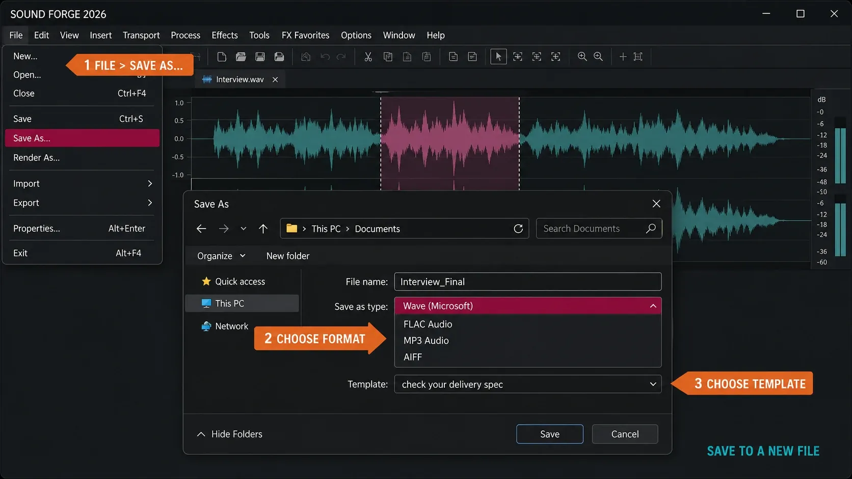 Sound Forge Save As interface for choosing WAV, FLAC, MP3 or AIFF