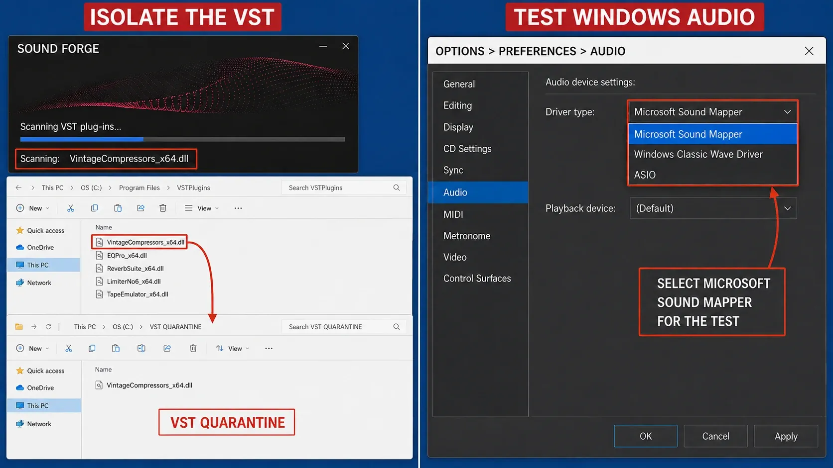 A suspect VST moved out of the scan folder while the audio driver is tested separately