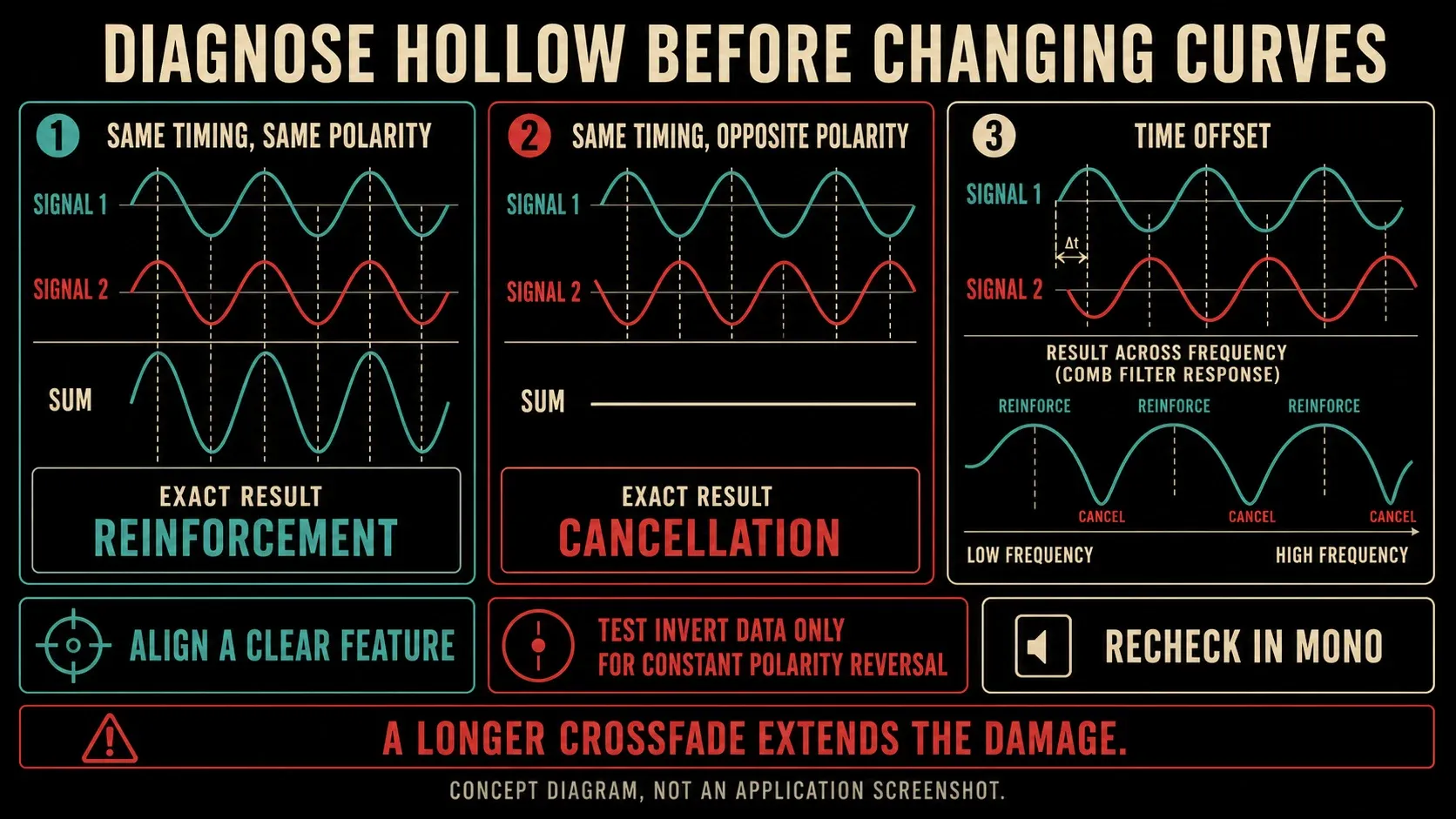 Same-polarity reinforcement, opposite-polarity cancellation, and time-offset comb filtering