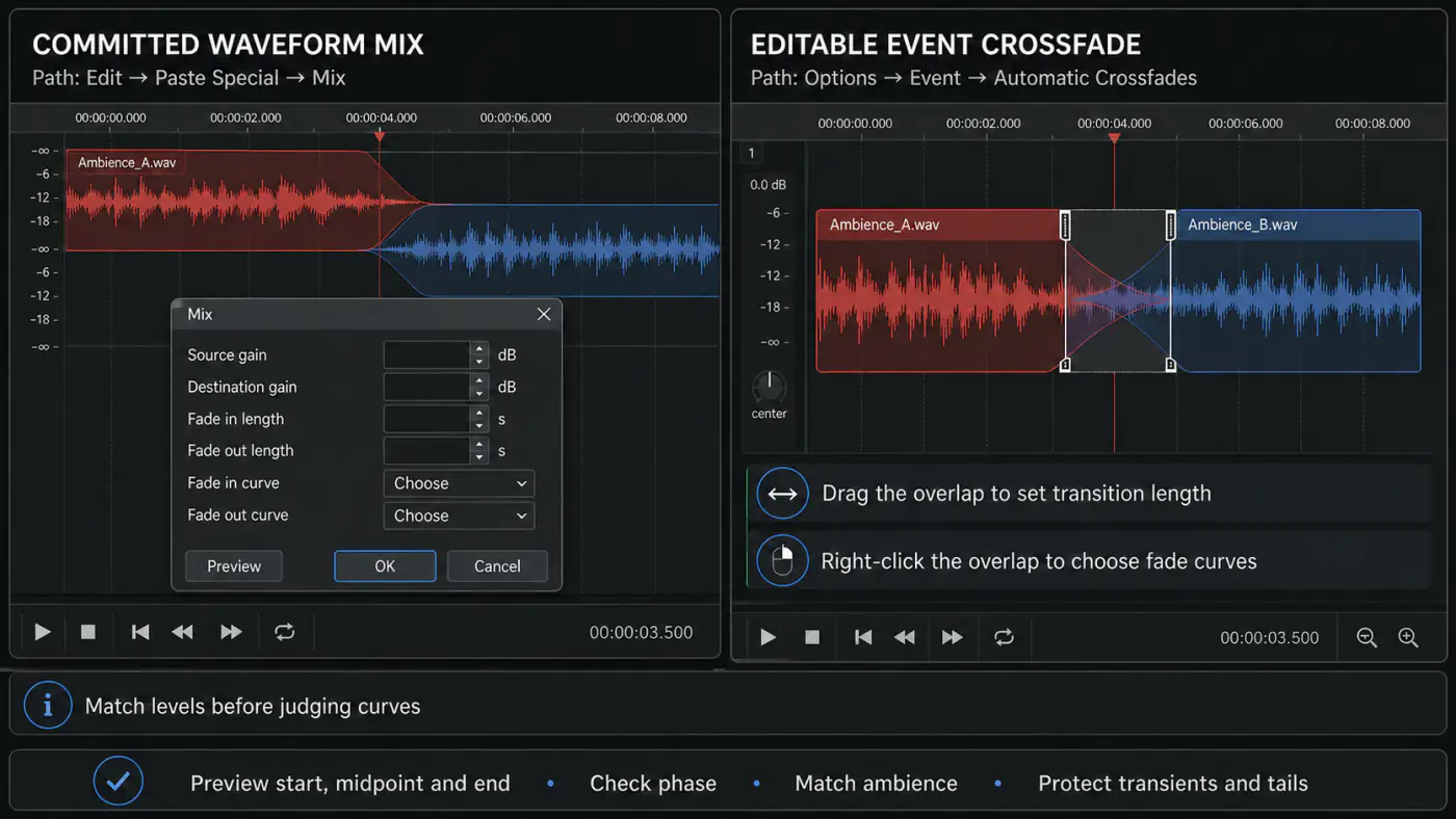 Sound Forge Mix dialog and automatic event crossfade workflows