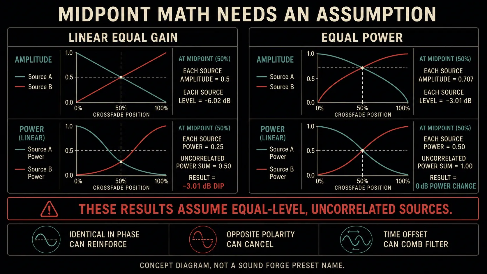 Amplitude and power math for linear equal-gain and equal-power crossfade midpoints