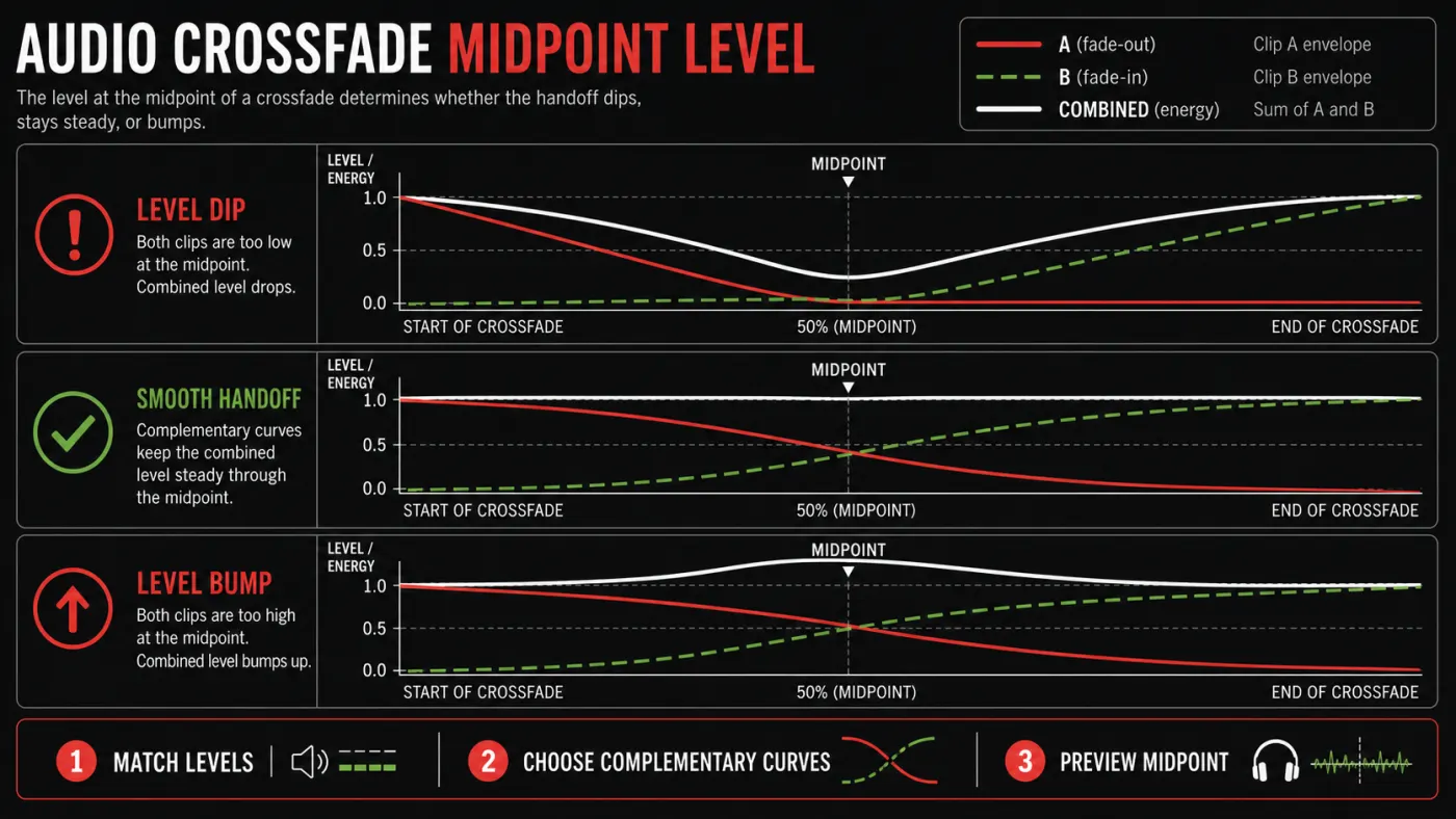 Crossfade midpoint level dip smooth handoff and level bump comparison