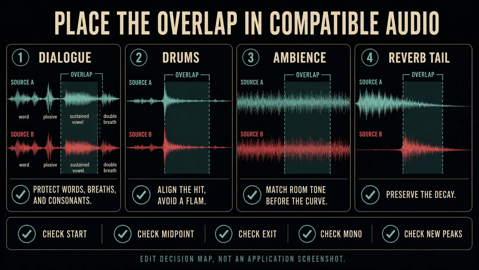 Overlap placement for dialogue, drums, ambience, and reverb tails