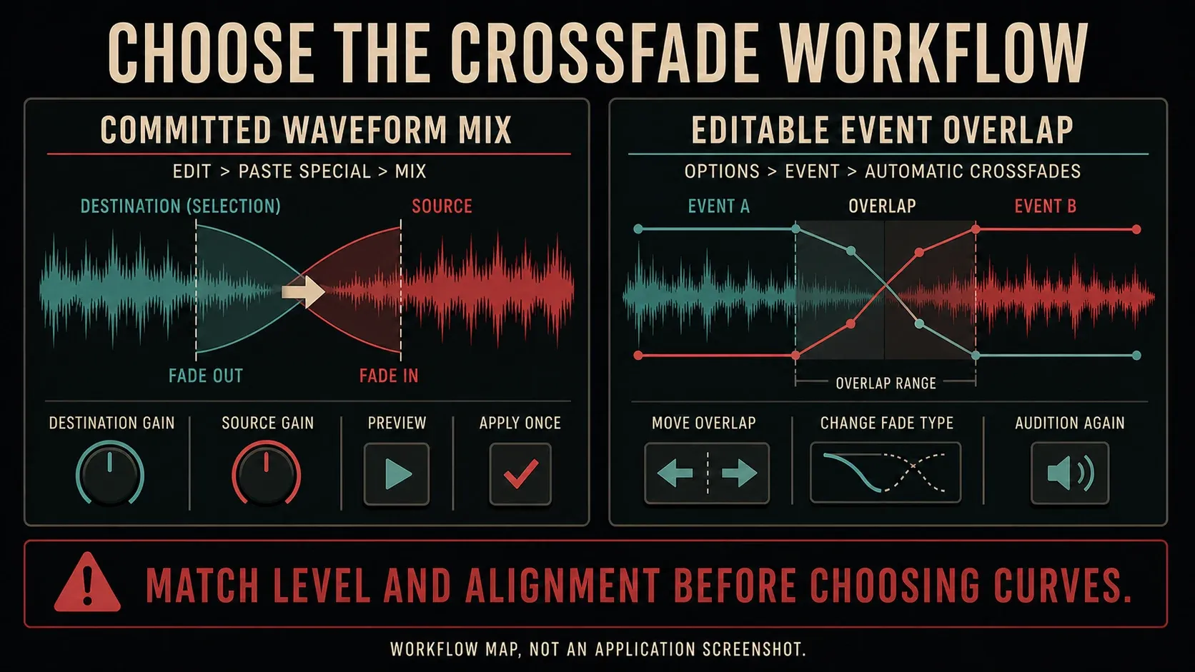 Decision map for a committed Paste Special Mix or editable event crossfade in Sound Forge