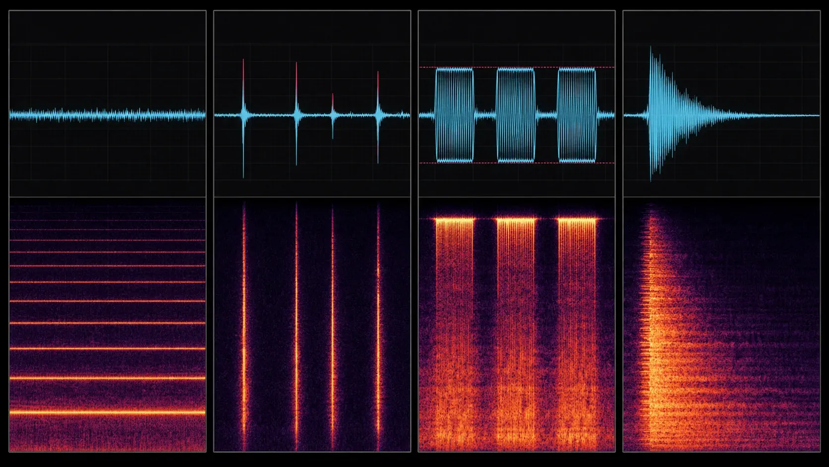 Waveform and spectrogram fingerprints for hum, clicks, clipped peaks and reverberation