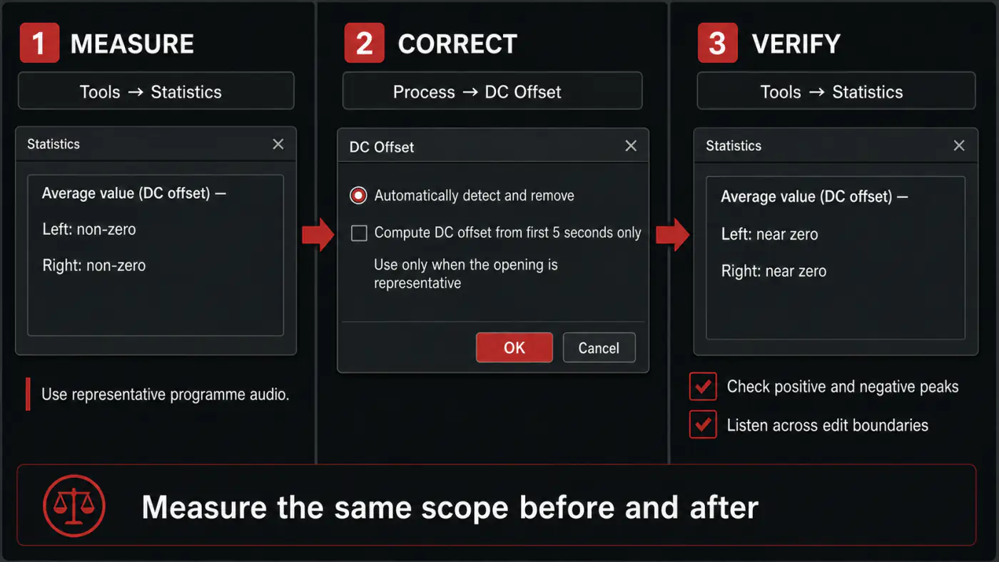 Sound Forge Statistics and DC Offset measure correct verify workflow
