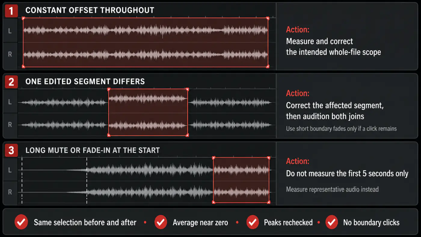 DC offset correction scope for whole files edited segments and fade-ins