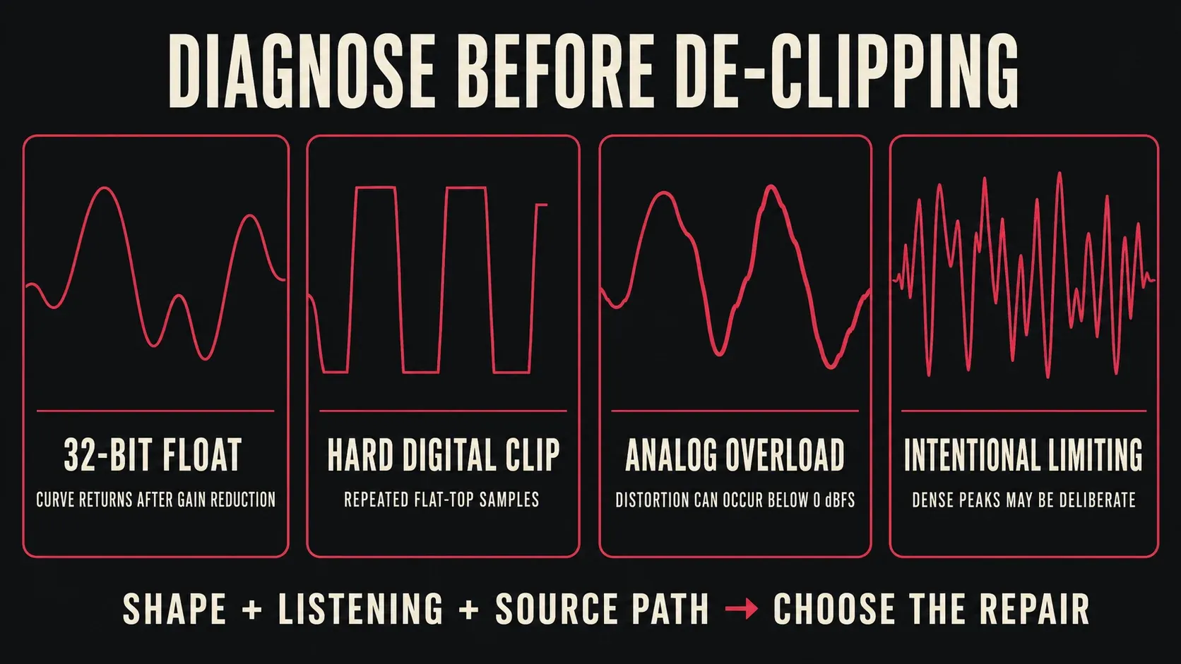 Four waveform patterns separating float headroom hard clipping analog overload and intentional limiting