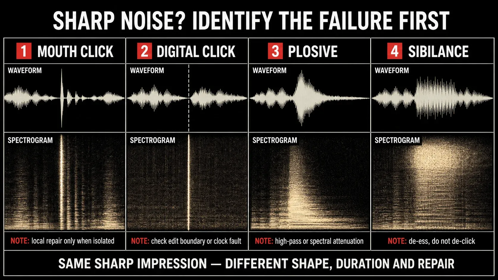 Waveform and spectrogram guide distinguishing mouth clicks, digital clicks, plosives and sibilance