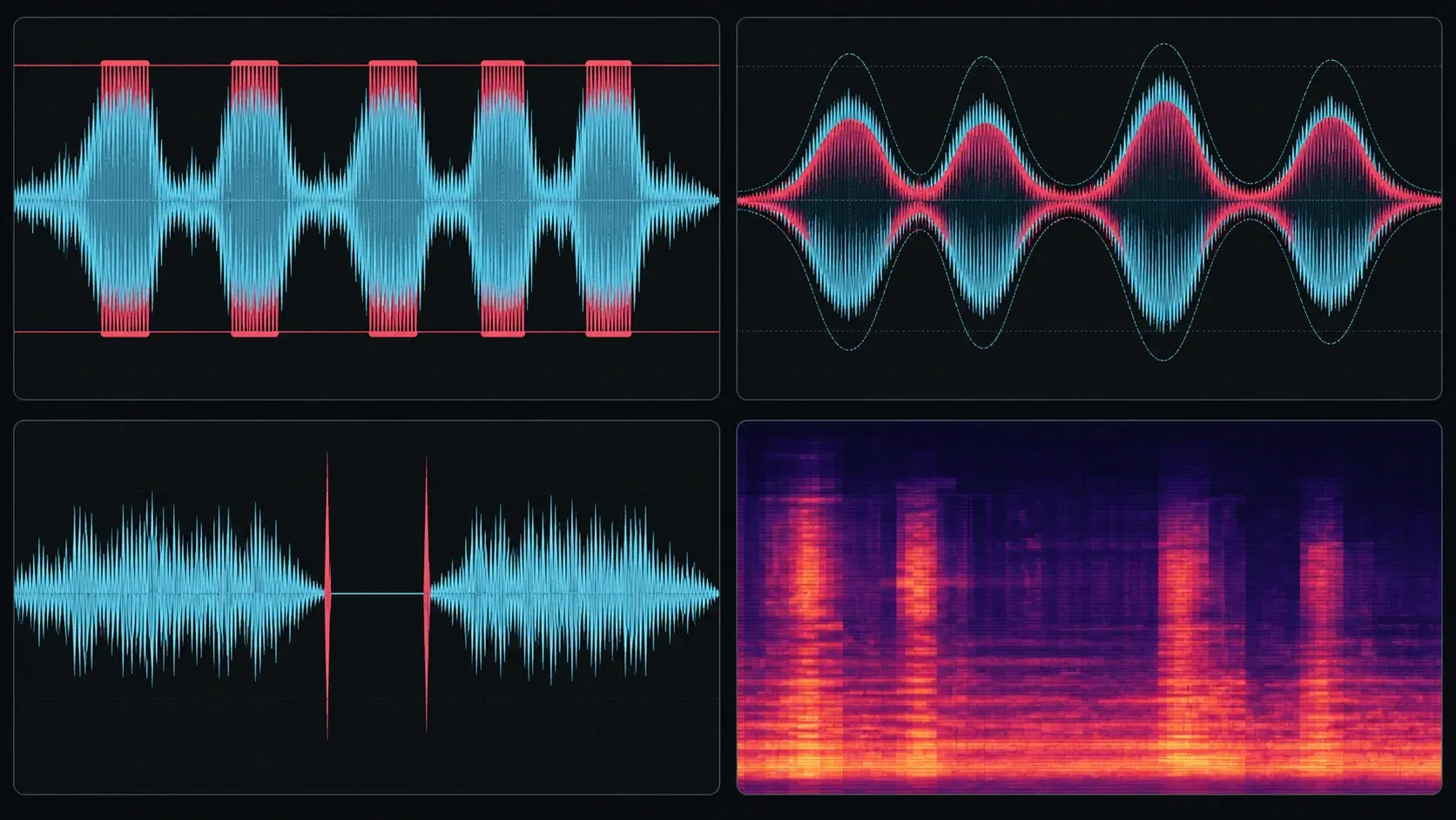 Four distortion fingerprints for hard clipping input saturation digital dropout and low-bitrate codec damage