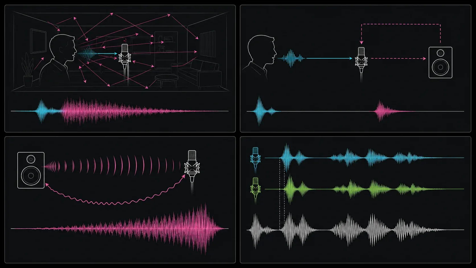 Four audio patterns for room reverb, delayed repeat, feedback loop, and misaligned duplicate tracks