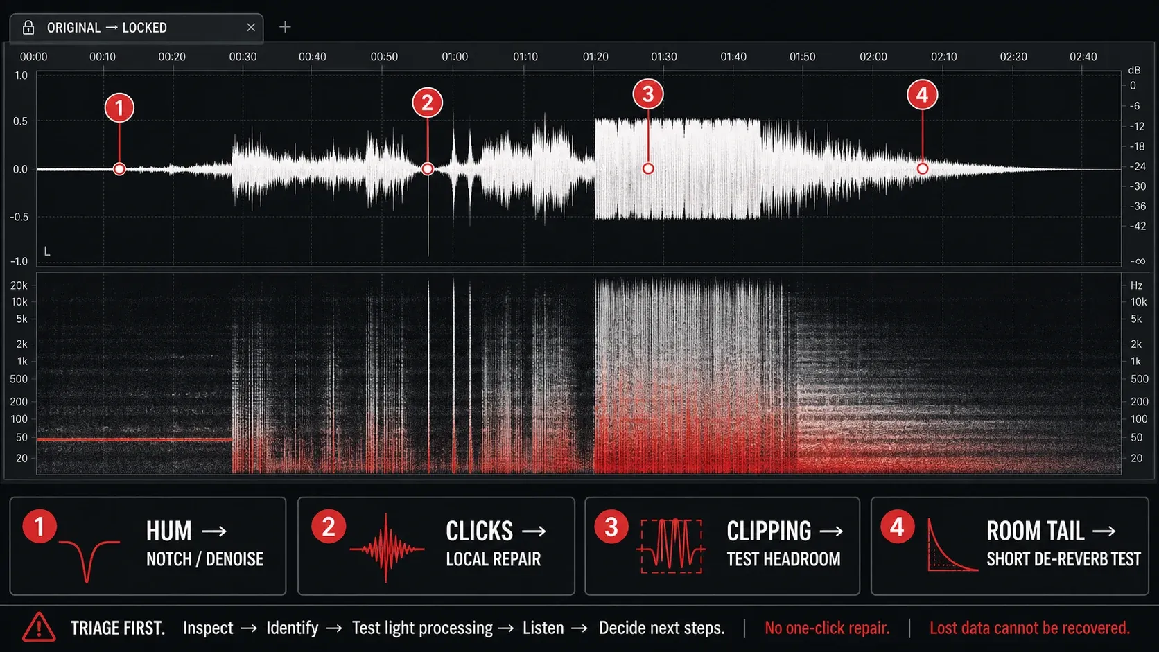 Audio editor triage separating signal damage, file recovery and playback faults