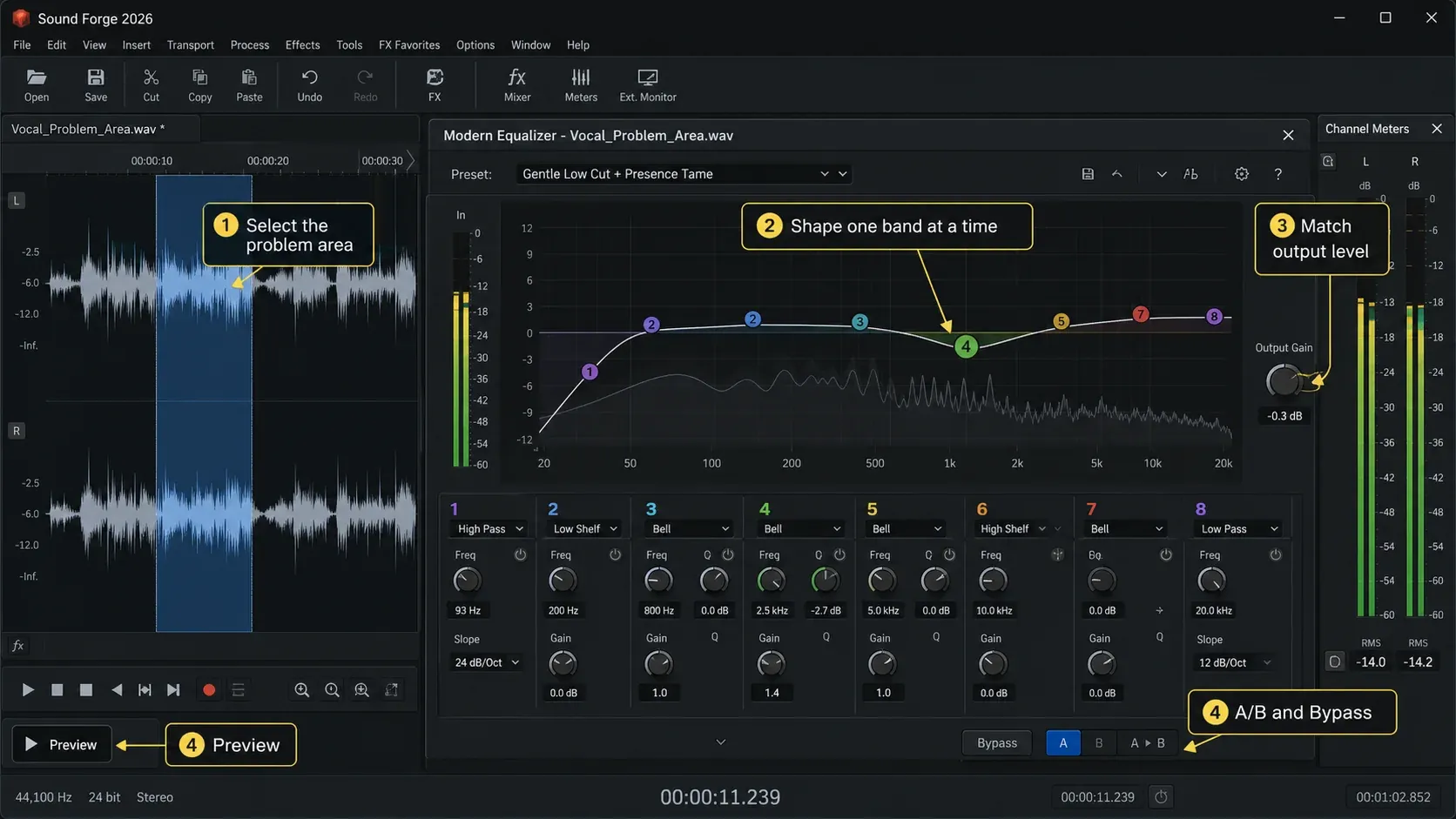 Sound Forge Modern Equalizer with selected audio output level matching A B and bypass controls