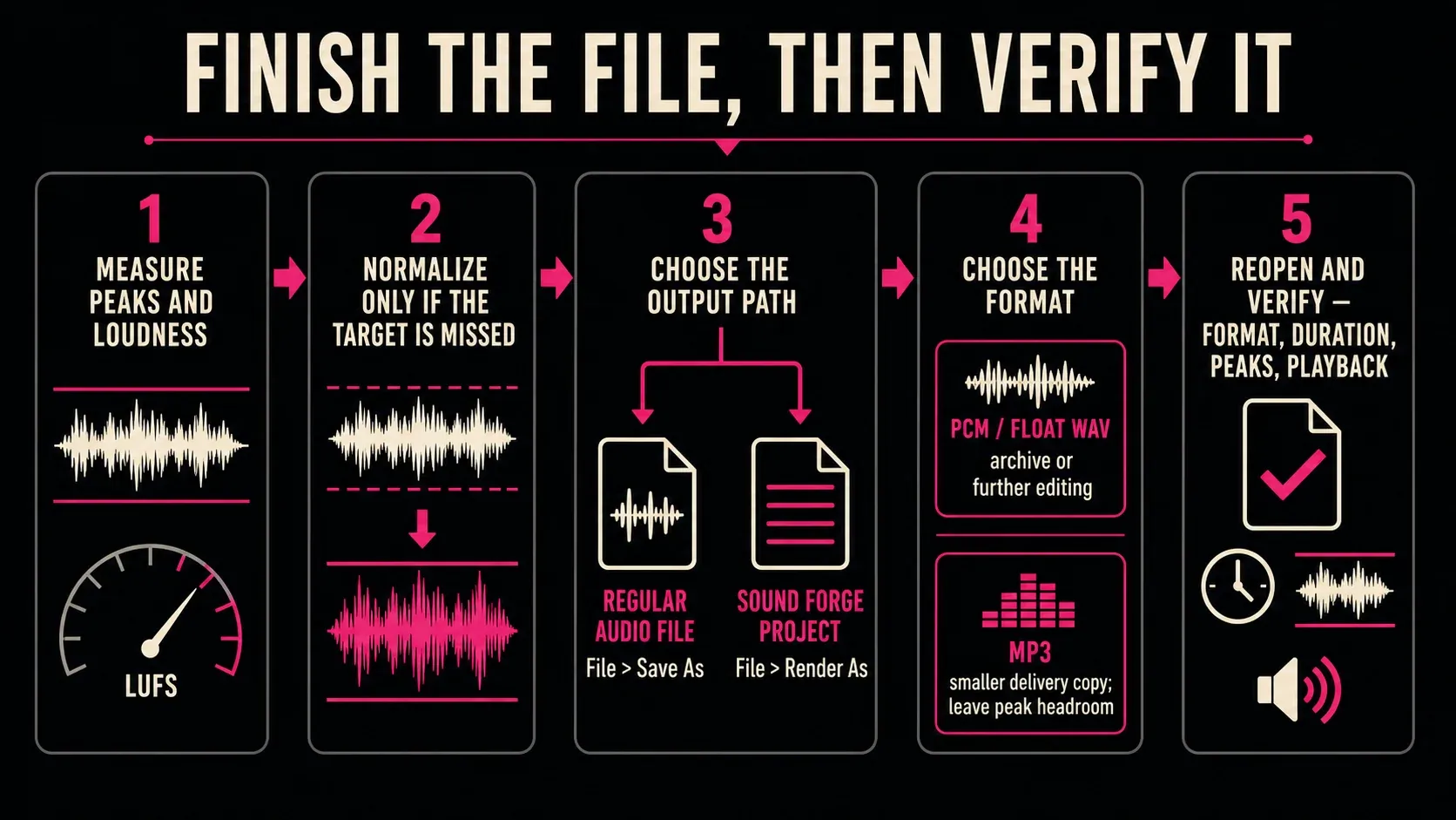 Sound Forge delivery workflow from level measurement to WAV or MP3 export and reopen verification