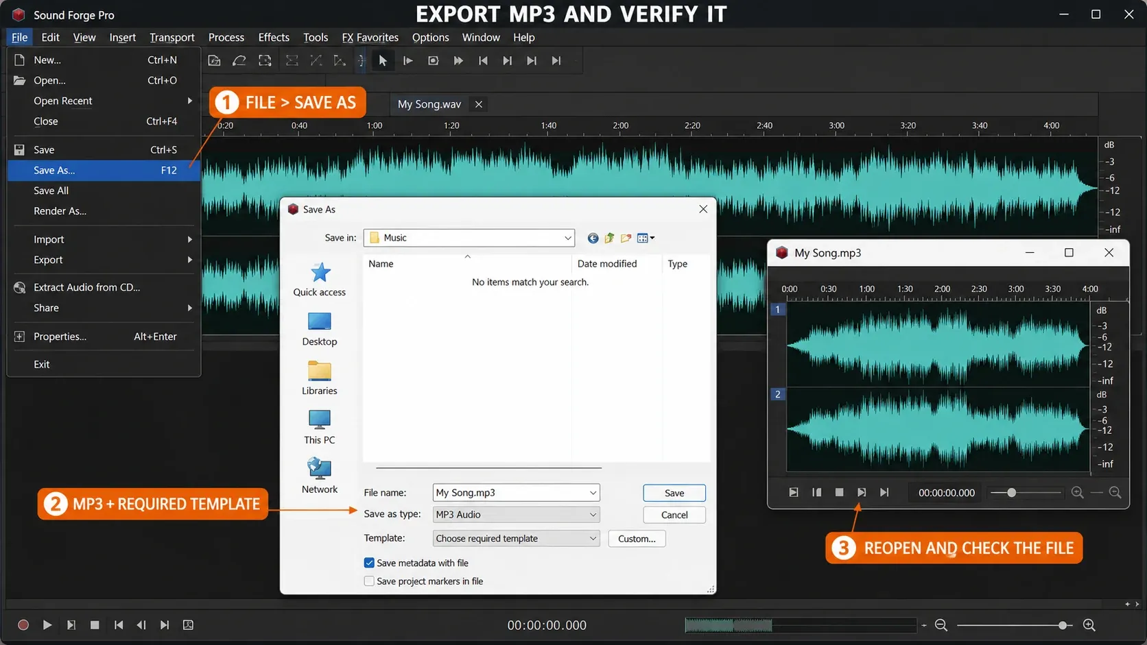 Saving a finished edit as WAV or MP3 in Sound Forge and reopening the file to confirm it