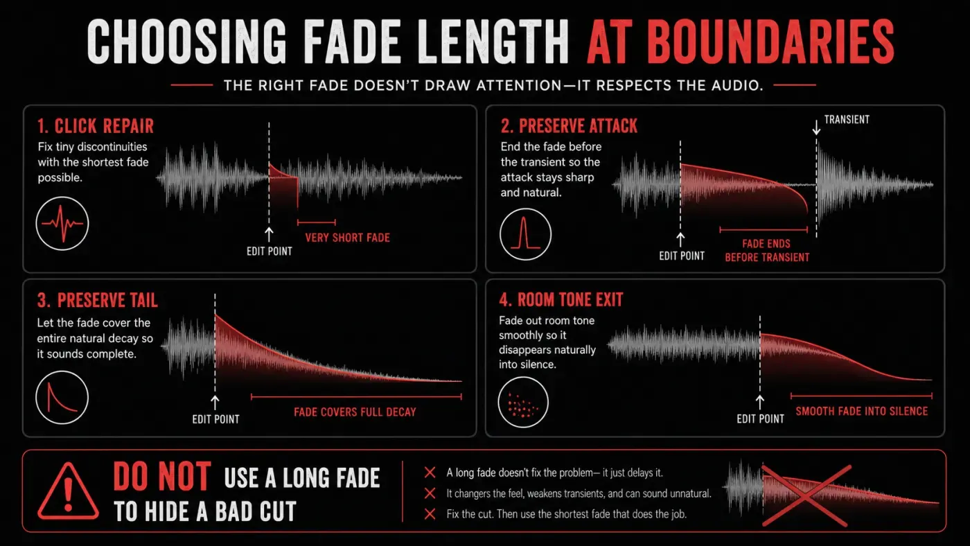 Fade lengths for click repair attack preservation tails and room tone exits