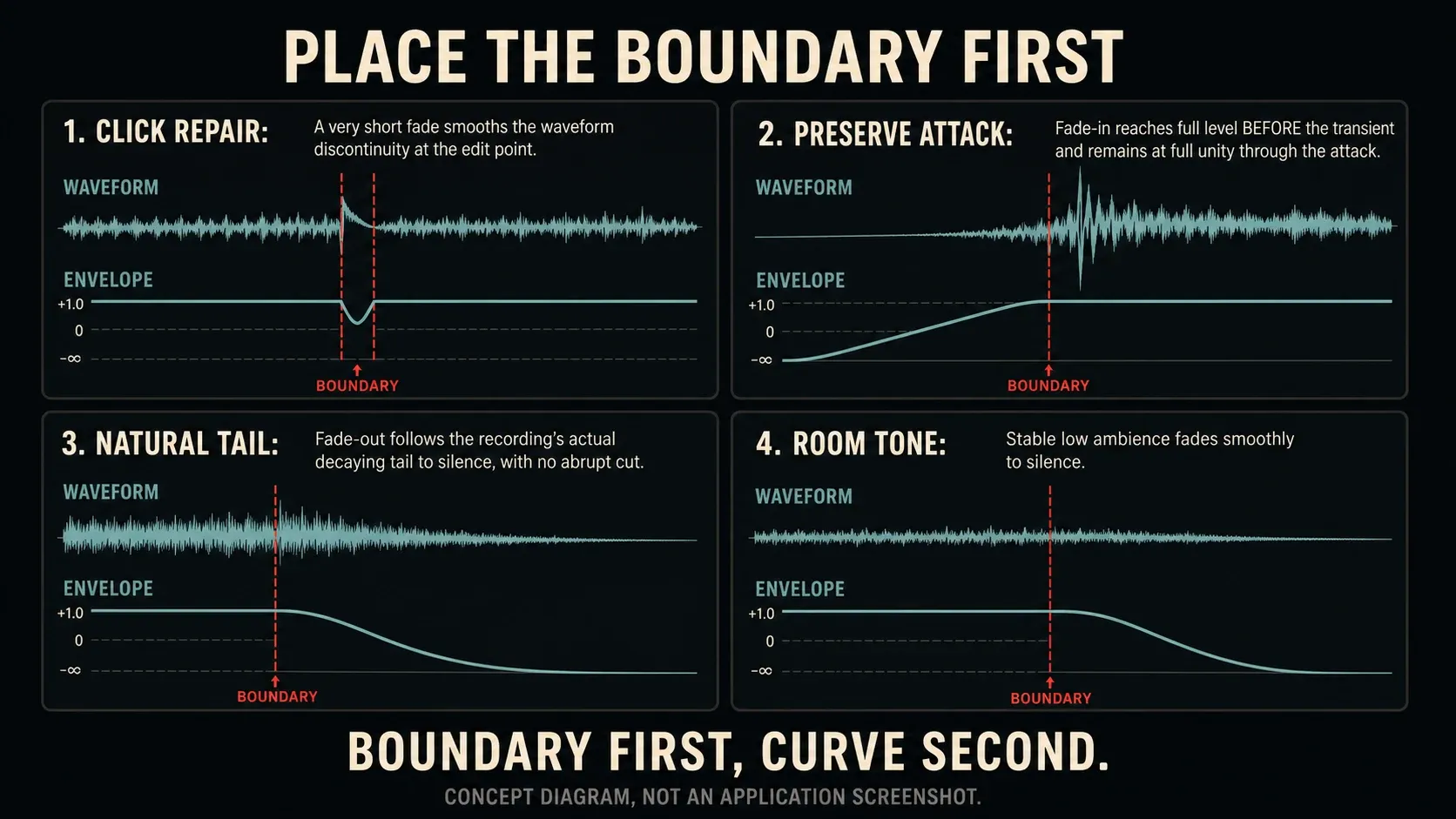 Fade boundaries for click repair, attack preservation, natural tails, and room tone