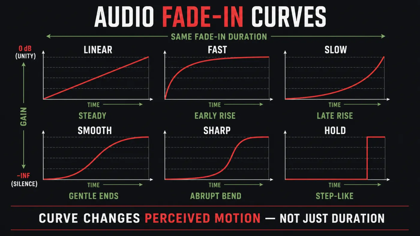 Linear fast slow smooth sharp and hold audio fade-in envelope curves