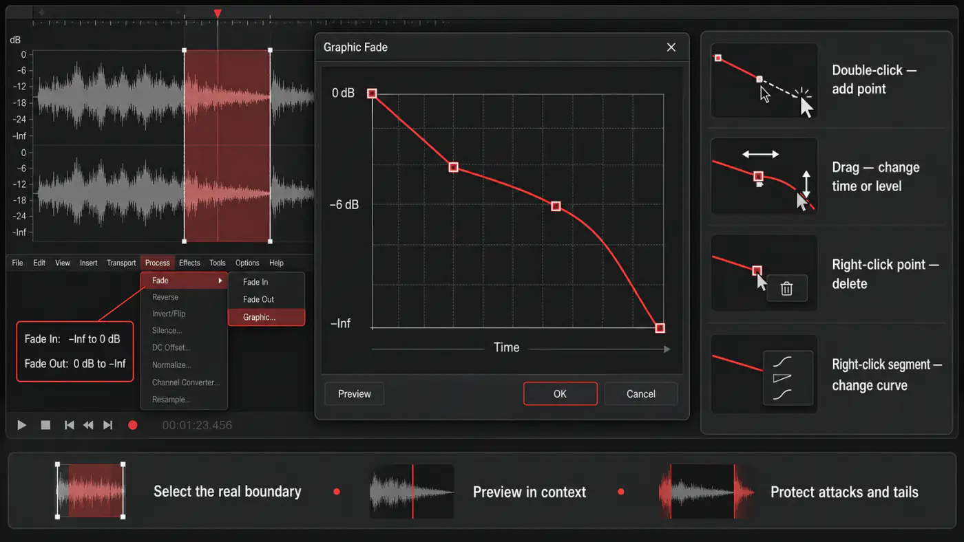 Sound Forge Graphic Fade interface and envelope editing controls