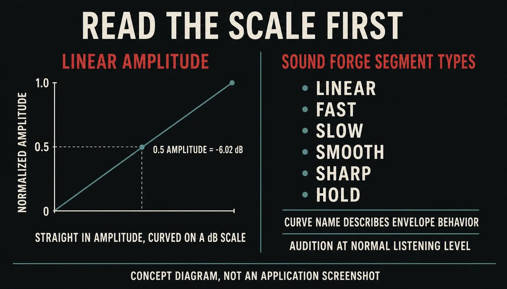 Linear amplitude ramp with half amplitude marked at minus 6.02 dB beside Sound Forge segment types