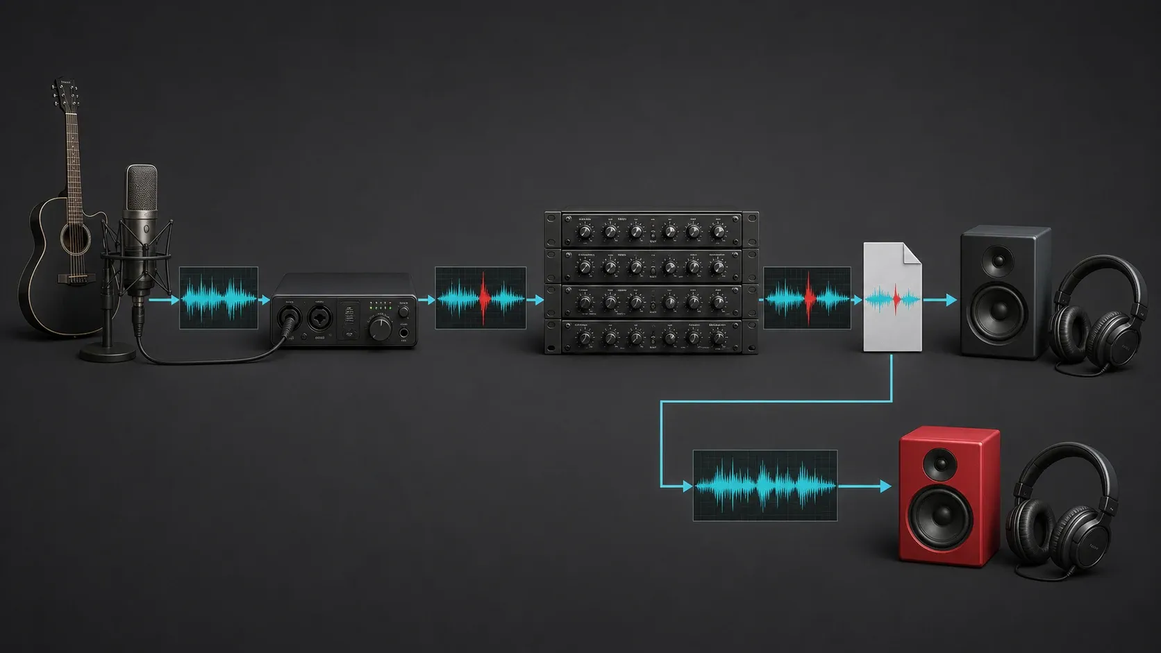 Five-stage audio path from source and input through processing export and playback with the first fault highlighted