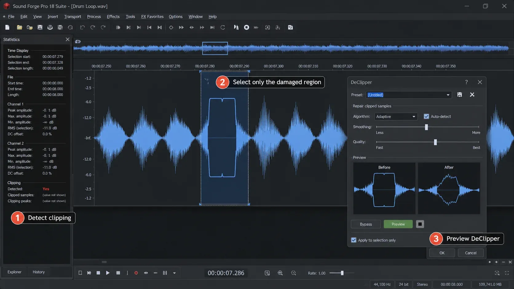 Sound Forge clipped waveform detection damaged-region selection and DeClipper preview