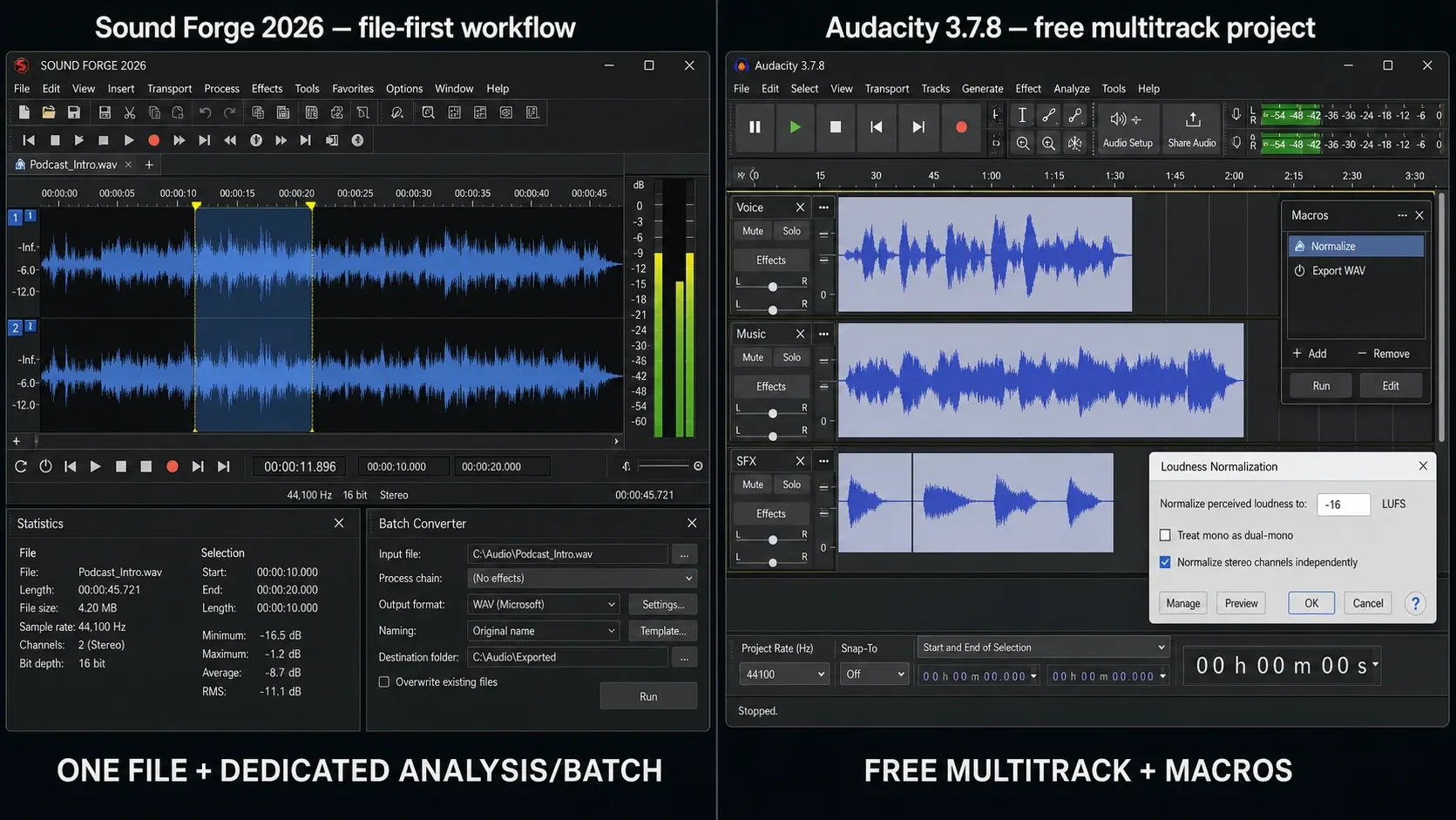 Sound Forge 2026 file analysis and Batch Converter compared with Audacity 3.7.8 multitrack project, Macros and Loudness Normalization